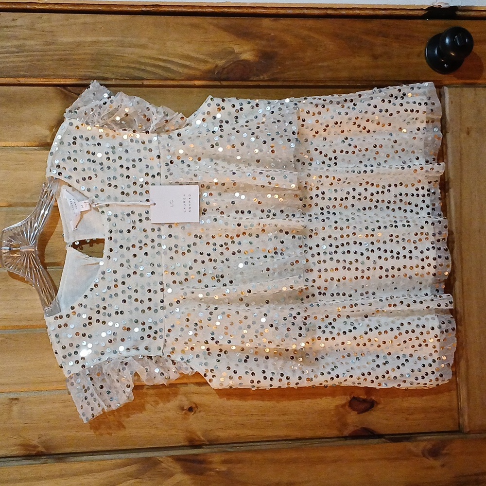 LC Lauren Conrad Cream Sequin Ruffle Sleeve Blouse
